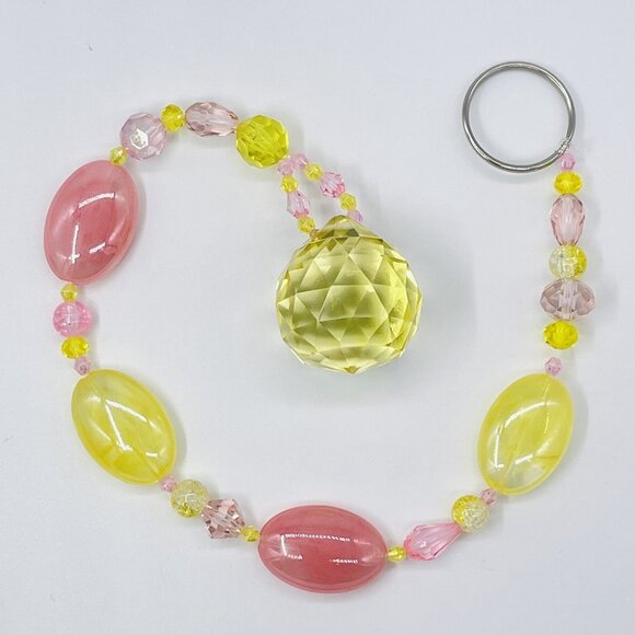 Beaded Suncatcher Pink & Yellow Crystal Prism Hanging Patio Decor Yard Art - Picture 1 of 10